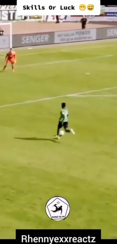 Soccer player approaches goal on field.