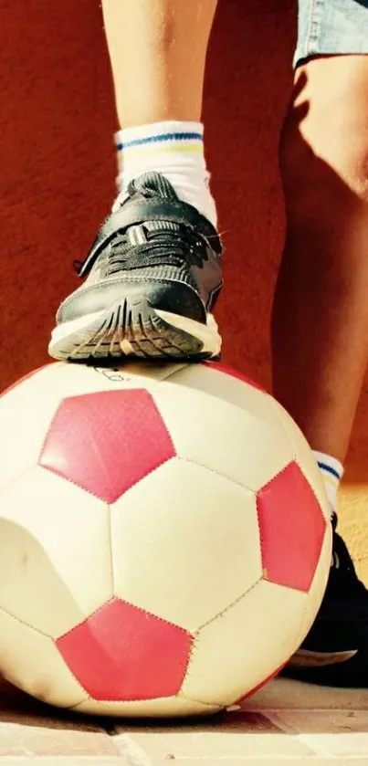 Shoe resting on a red and white soccer ball.