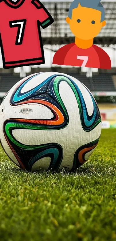 Soccer ball on a green field with stadium background and red jersey graphic.