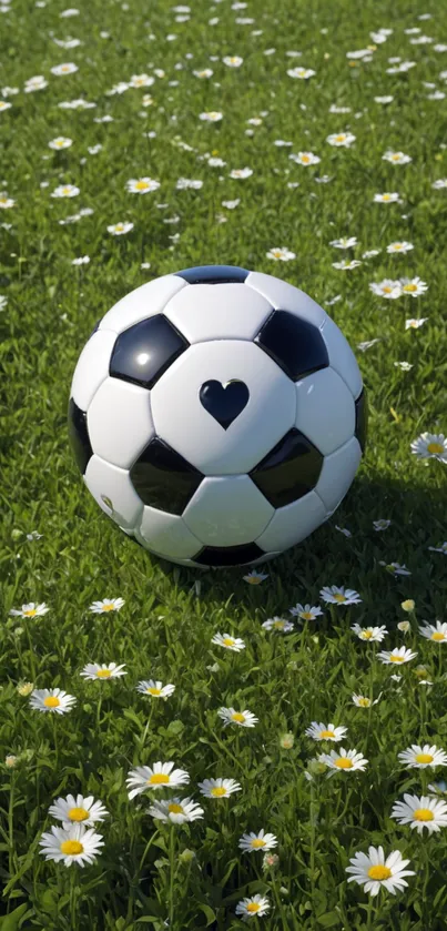 Soccer ball with heart on daisy field wallpaper.