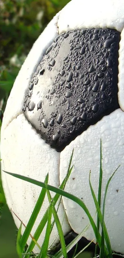 Soccer ball in dewy grass mobile wallpaper.