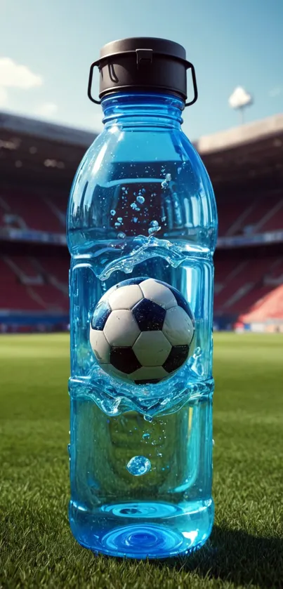 Soccer ball in a water bottle on a field wallpaper.