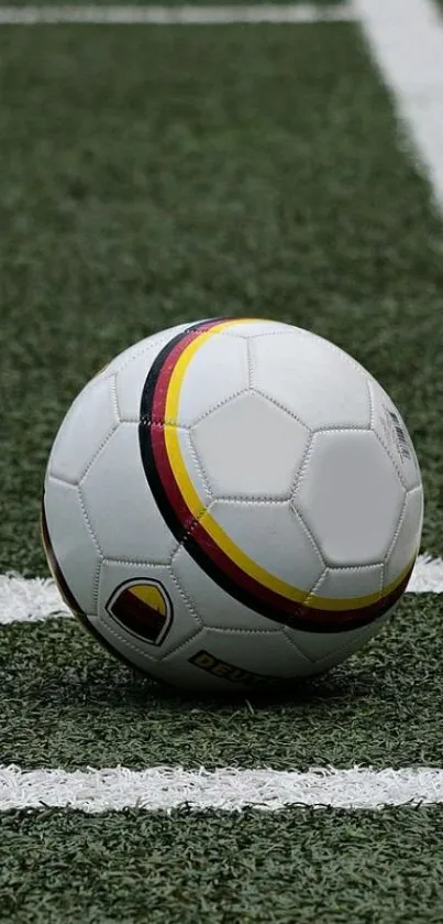 Soccer ball resting on green grass field with white lines.