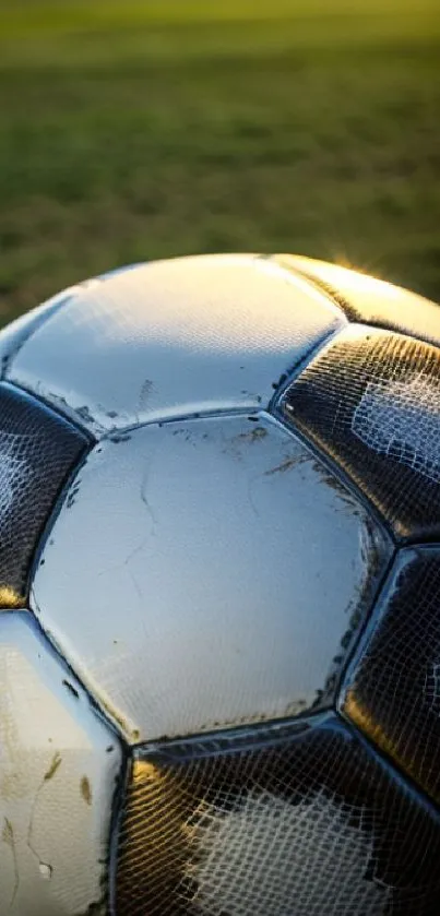 Soccer ball on green grass field with sunlight backdrop.