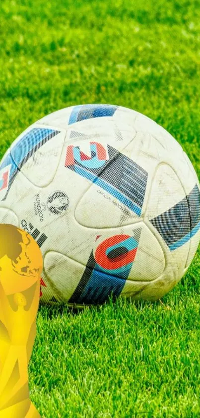 Soccer ball wallpaper with trophy on green grass field.