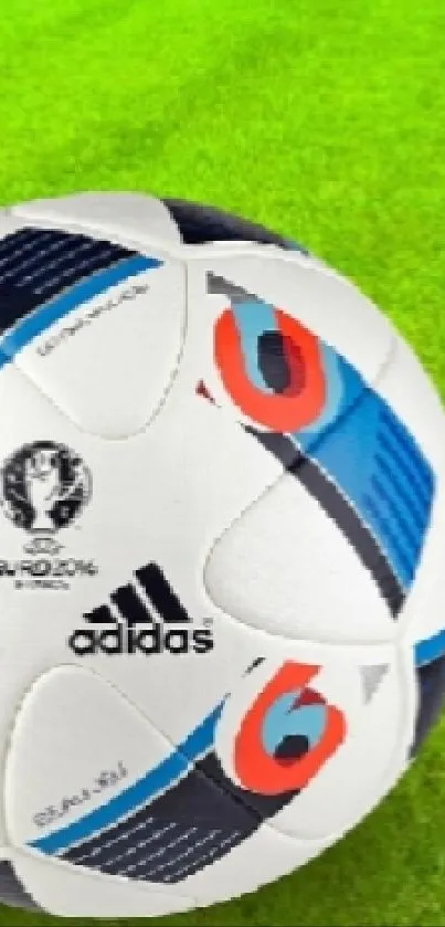 Soccer ball on a green grass field with white lines.
