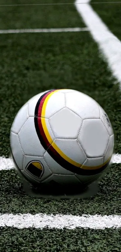 Soccer ball on green field with white lines.