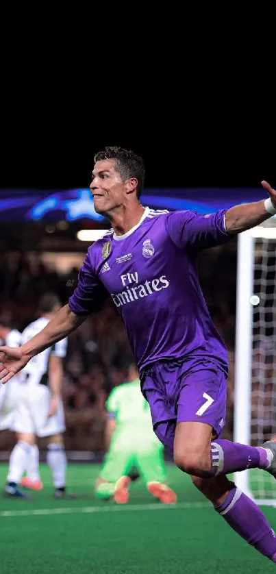 Soccer player celebrating in purple jersey, on the field, dynamic action shot.