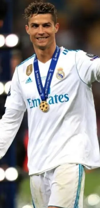 Soccer champion giving thumbs up in white jersey with medal.