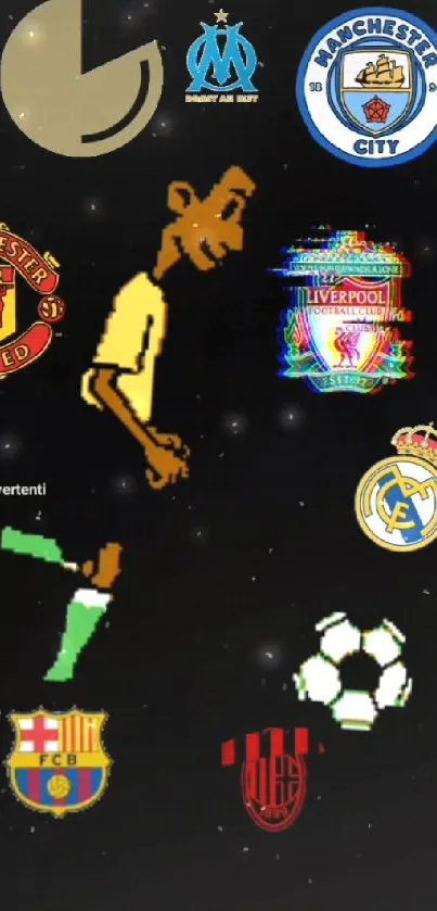 Animated wallpaper with soccer club logos and pixels in black background.