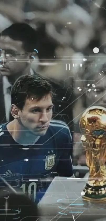 Soccer player gazes at iconic trophy on vibrant wallpaper.