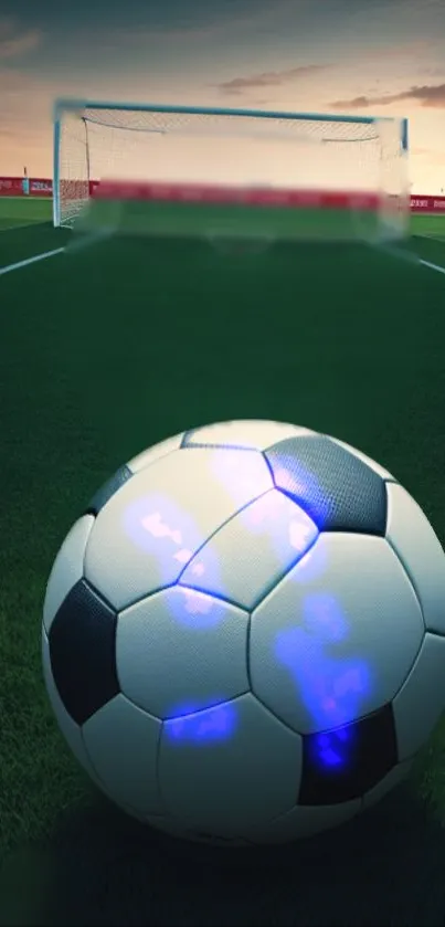 Glowing soccer ball on field with goal in background.