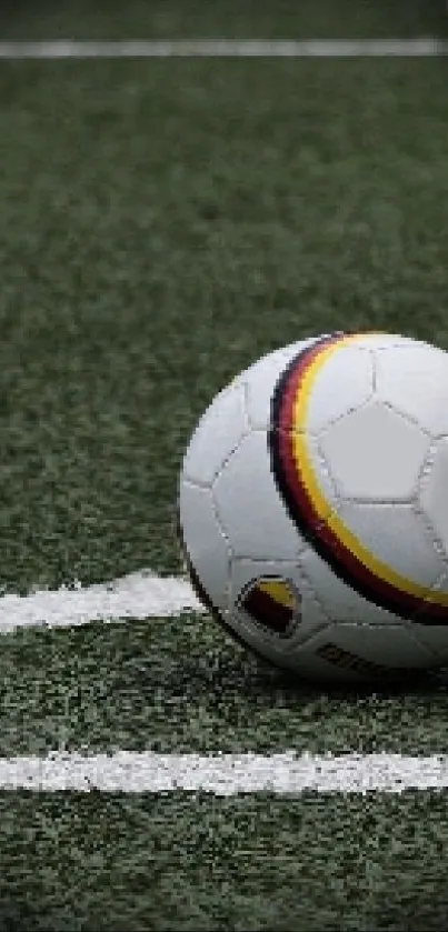 Soccer ball on green field corner with white lines.