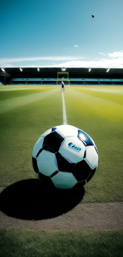 Soccer ball on a green field in a stadium setting.