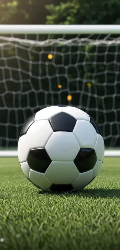 Soccer ball on a grassy field with a goalpost in the background.