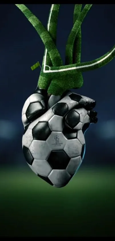 Soccer ball heart with green veins on dark blue background.