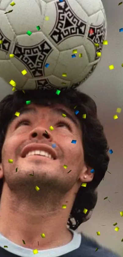 Legendary soccer player balances ball with colorful confetti.