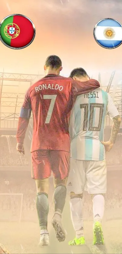 Two famous soccer players embrace in a stadium, symbolizing sportsmanship and unity.