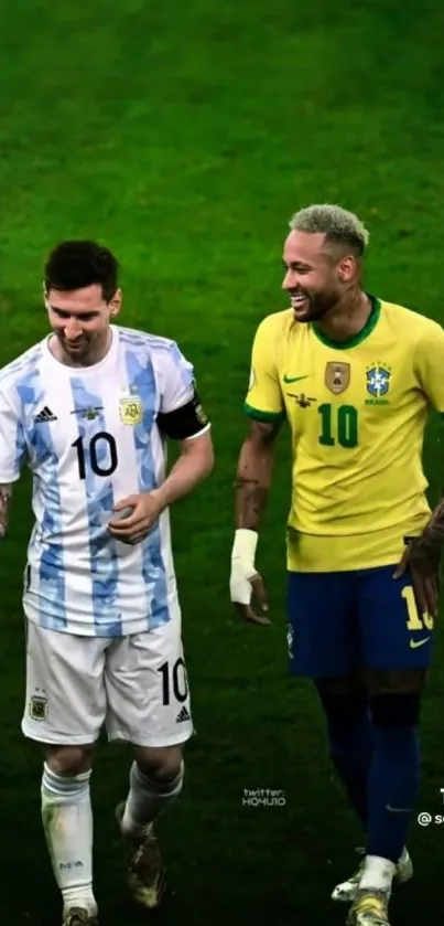 Argentina and Brazil soccer legends share a light moment on the field.