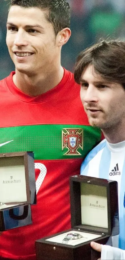 Wallpaper featuring iconic soccer players holding awards.