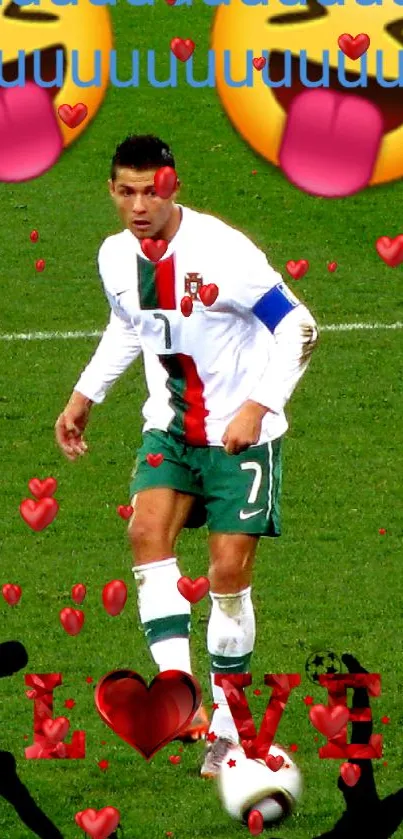 Soccer player on field with hearts and emojis.