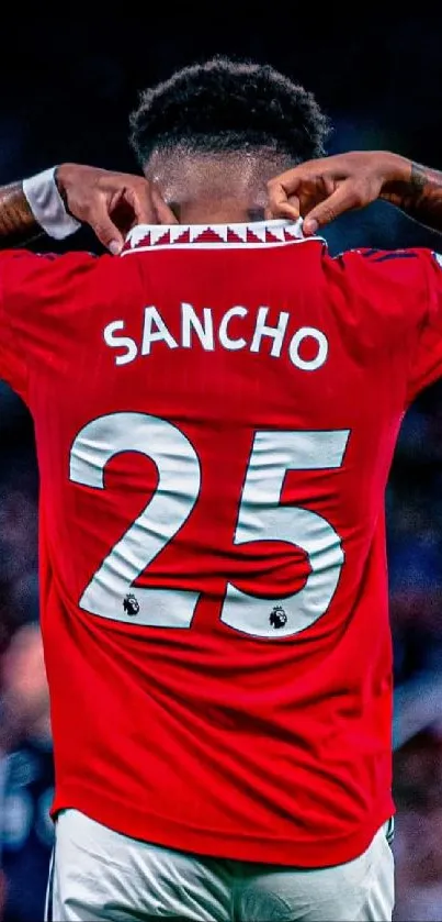 Soccer player in red jersey on field.