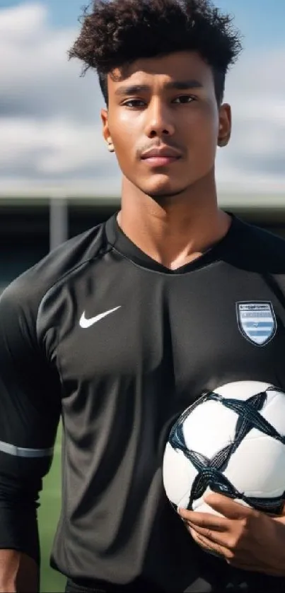 Soccer player holding a ball on field.