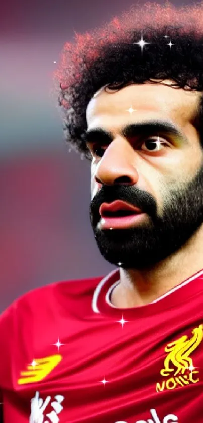 Soccer player in red jersey, focused and determined.