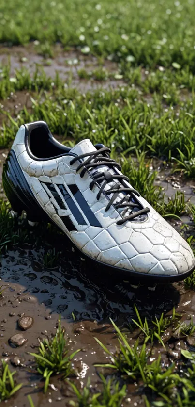 Soccer shoe resting on wet grass, close-up view.