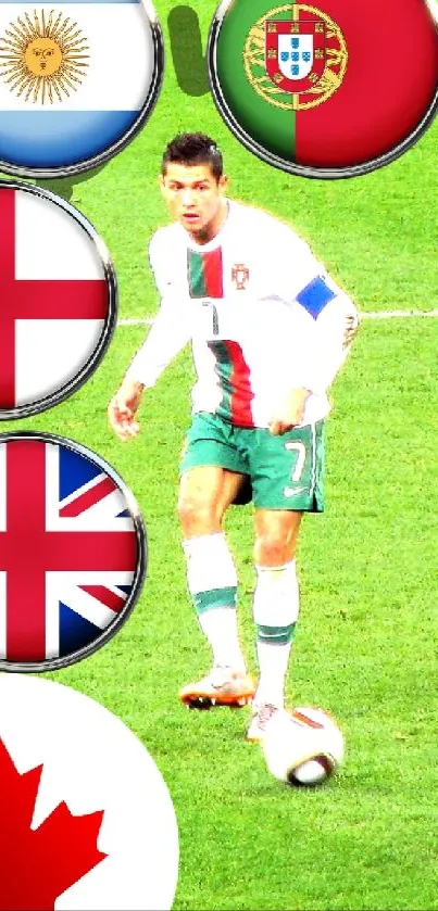 Soccer player on field with various international flags.