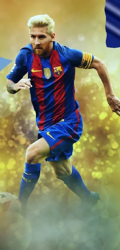 Soccer player in action with vibrant yellow background and team graphics.