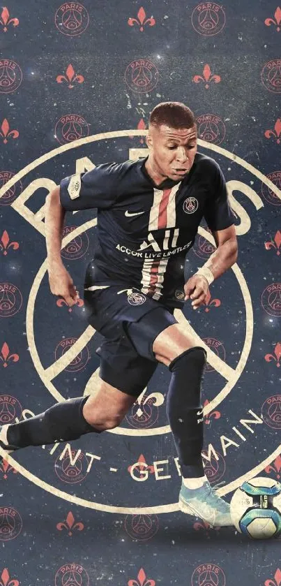 Soccer player in action on a dark blue background wallpaper.