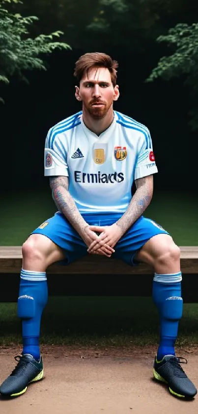 Soccer athlete in blue and white kit sitting on a bench with green forest background.