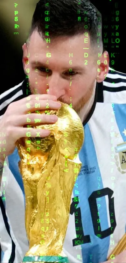 Soccer star in striped jersey holding a gleaming trophy with alphanumeric background.