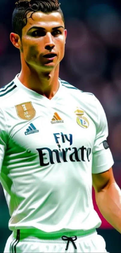 Soccer player in Real Madrid jersey, mobile wallpaper.