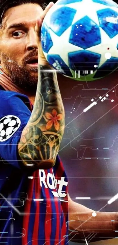 Soccer star in action with vibrant colors and detailed tattoos holding a ball.