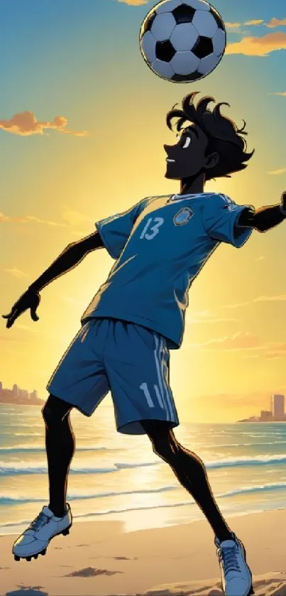 Soccer player juggling a ball at sunset on a beach, vibrant skies.