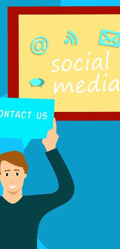 Illustrated social media wallpaper with contact message.