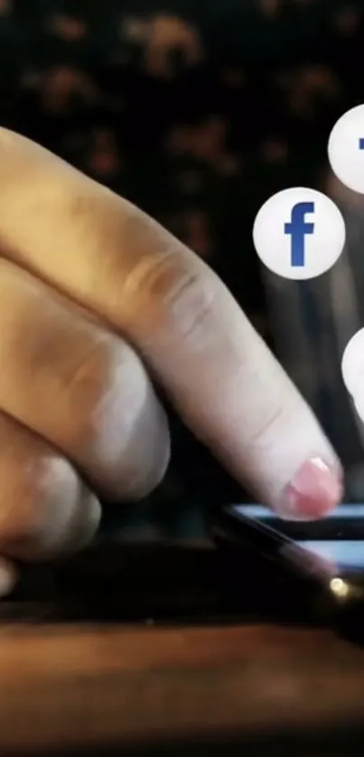 Hand touching smartphone with Facebook icons floating.