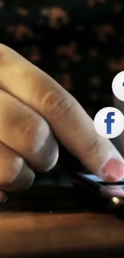 Hand touching smartphone with social media icons.