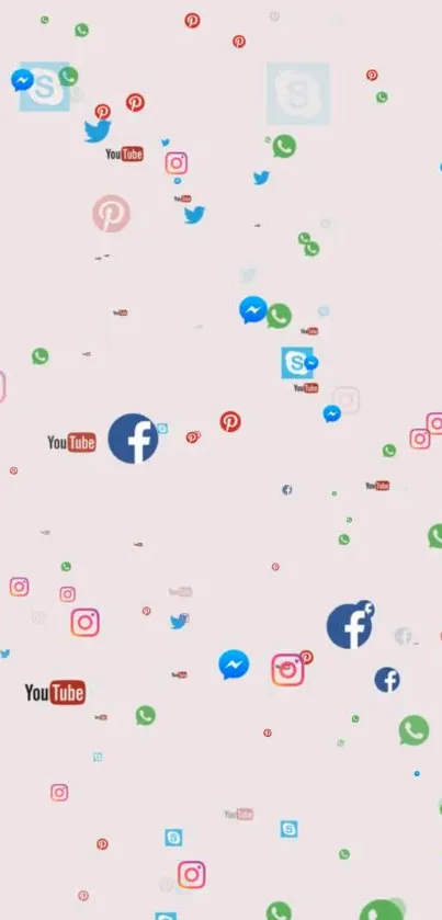 Vibrant mobile wallpaper with scattered social media icons like Facebook and Twitter.