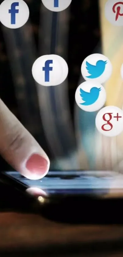 Finger touching phone with floating social media icons.