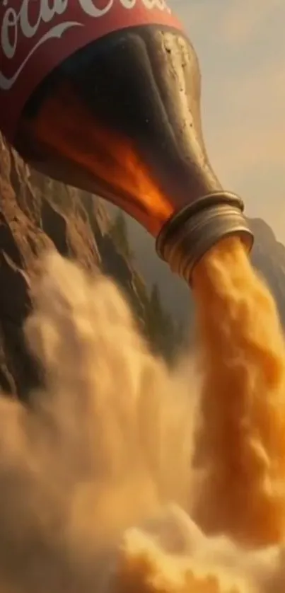Giant soda bottle pours a waterfall of cola in a surreal landscape.