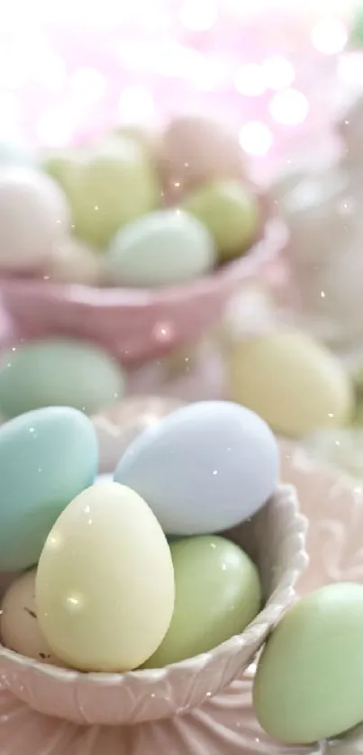 Soft pastel Easter eggs in a decorative setting.