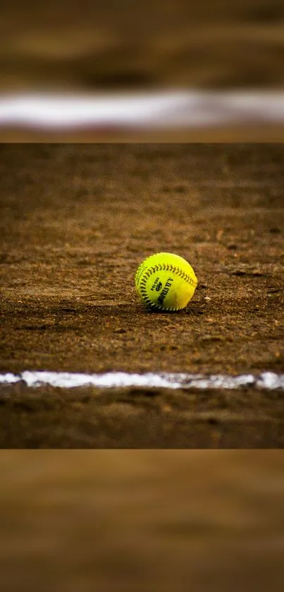 Yellow softball on a dirt field with a white line.