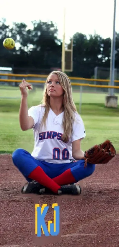 Young woman in a softball uniform sitting on grass.