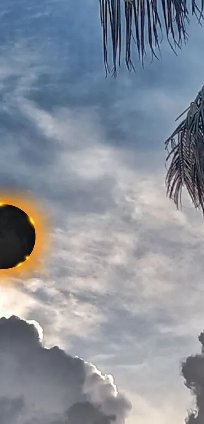 Stunning solar eclipse with palm leaves and cloudy sky background.