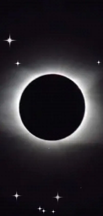 Black solar eclipse wallpaper with stars, creating a cosmic and celestial ambiance.