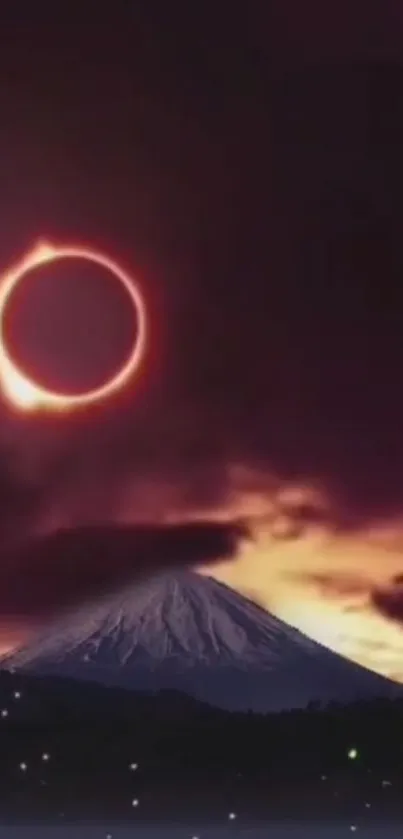 A solar eclipse over a mountain with a dramatic night sky and vivid colors.