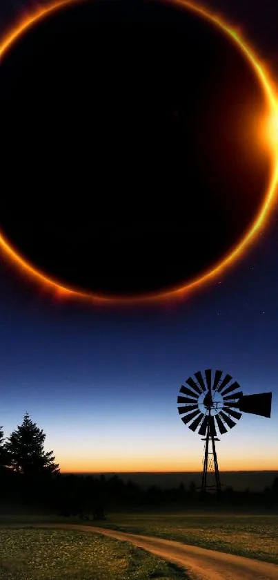 A stunning solar eclipse over a night sky featuring a windmill and road.